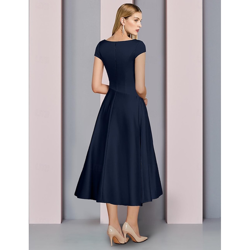 A-Line Mother of the Bride Dress Wedding Guest Elegant V Neck Tea Length Charmeuse Sleeveless with Ruching free custom size3