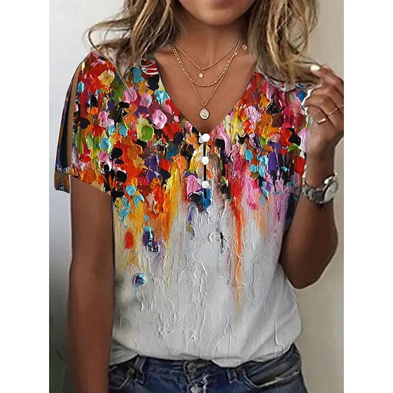 Women's Blouse V-Neck Short Sleeve Split Floral Print Casual Summer Top Front Button Fastening Soft Fabric Standard Sizes Multi-color Regular Fit Fashion Clothing Apparel3