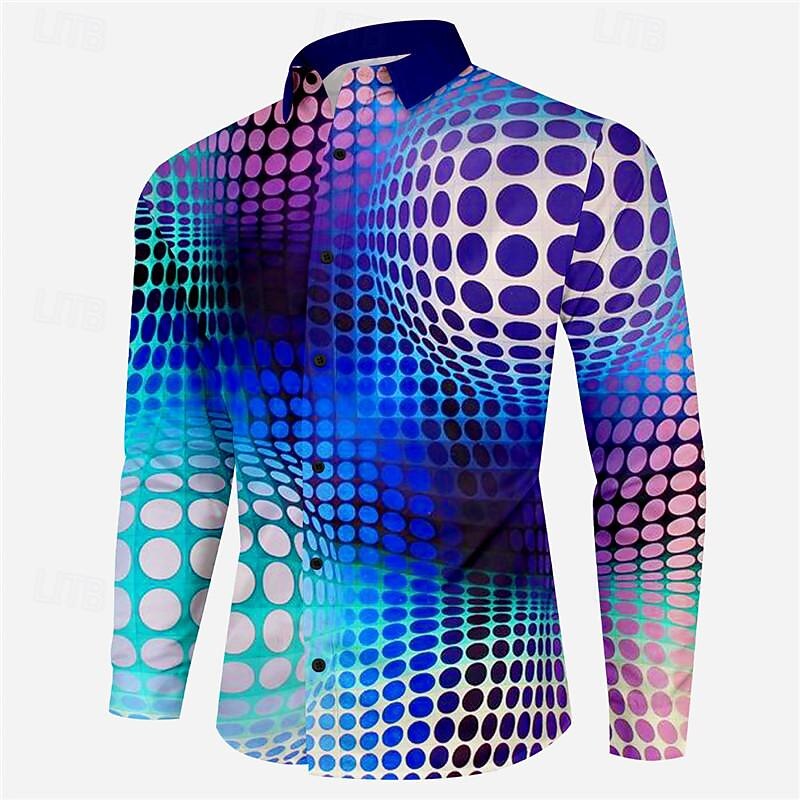Men's Optical Illusion Geometric Pattern Button Up Shirt Printed Shirts Long Sleeve Fashion Casual Outdoor Vacation Street Spring & Summer Turndown Print Button-Down Blue2