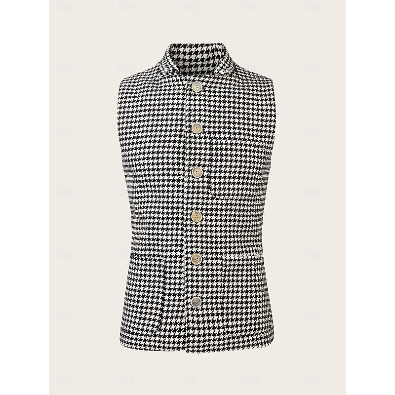 Men's Vest Gilet Casual Daily Traditional Spring &  Fall Basic Polyester Casual Houndstooth Single Breasted Standing Collar Form Fit Black Vest2