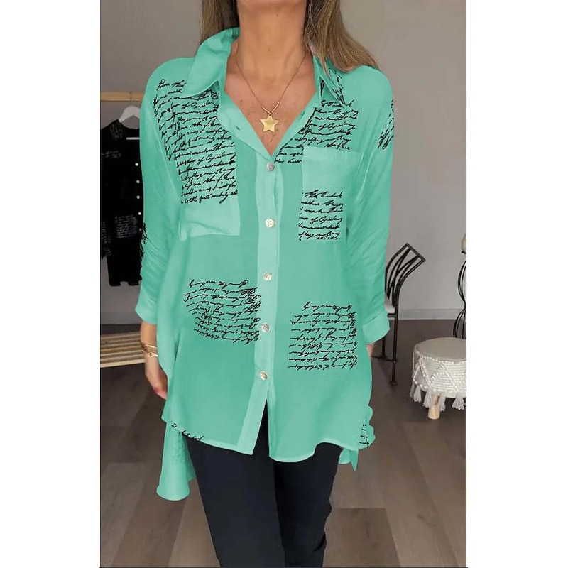 Women's Shirt Blouse Fashion Letter Buttons Pocket Print Long Sleeve Long Tops Shirt Collar Casual Black White Yellow Pink Blue Spring &  Fall3