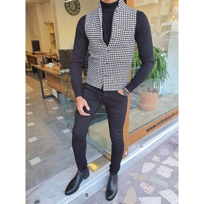 Men's Vest Gilet Casual Daily Traditional Spring &  Fall Basic Polyester Casual Houndstooth Single Breasted Standing Collar Form Fit Black Vest4