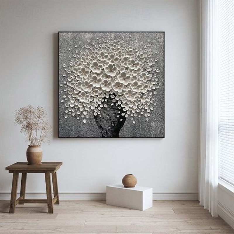 Hand Painted 3D Modern Canvas flower Painting Vase Black White Flower Blooming Floral Oil Painting for home decoration4