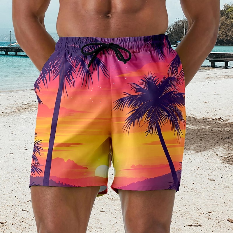 Men's Coconut Tree Landscape Swim Trunks Swim Shorts Board Shorts Mid Waist Hawaiian Casual Holiday Beach Drawstring with Mesh lining Elastic Waist Designer Clothing Apparel3