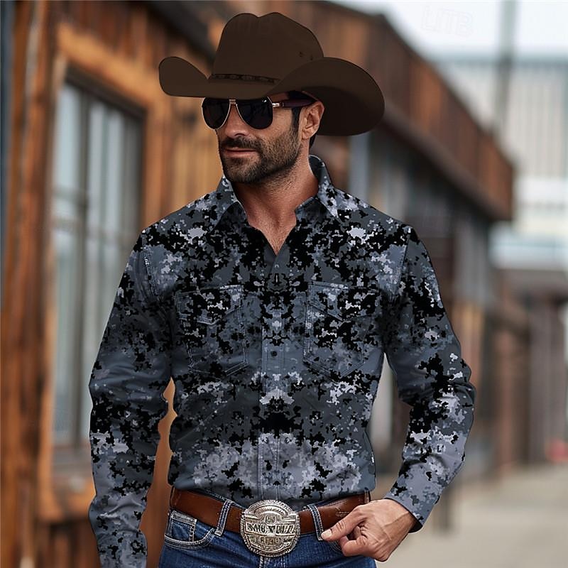 Men's Camo / Camouflage Western Shirt Cowboy Shirt Long Sleeve Vintage Western Style Tribal Outdoor Vacation Horse Race Spring & Summer Turndown Print Button-Down Navy Blue Green - Main Image
