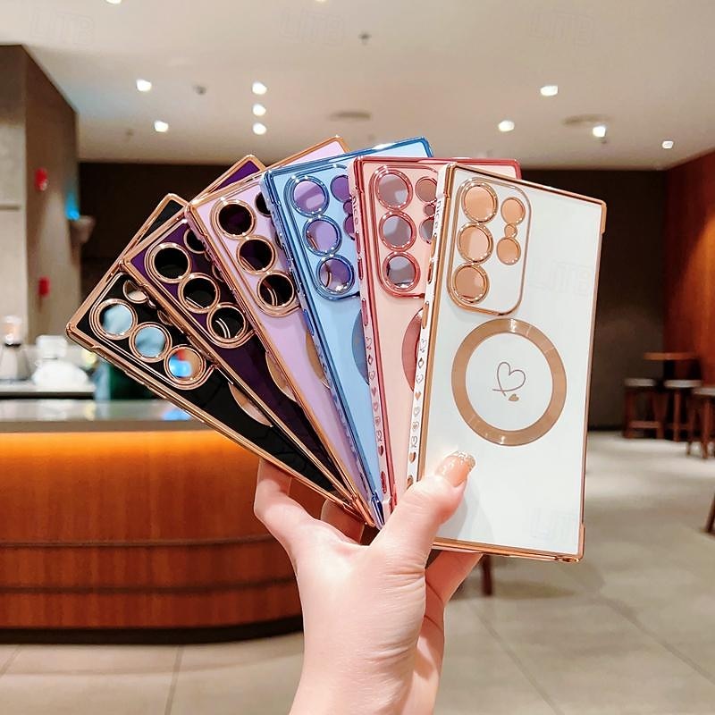 Phone Case For Samsung Galaxy S25 S24 S23 S23 FE S22 S21 Ultra Plus Back Cover Support Wireless Charging Shockproof Heart TPU Plating