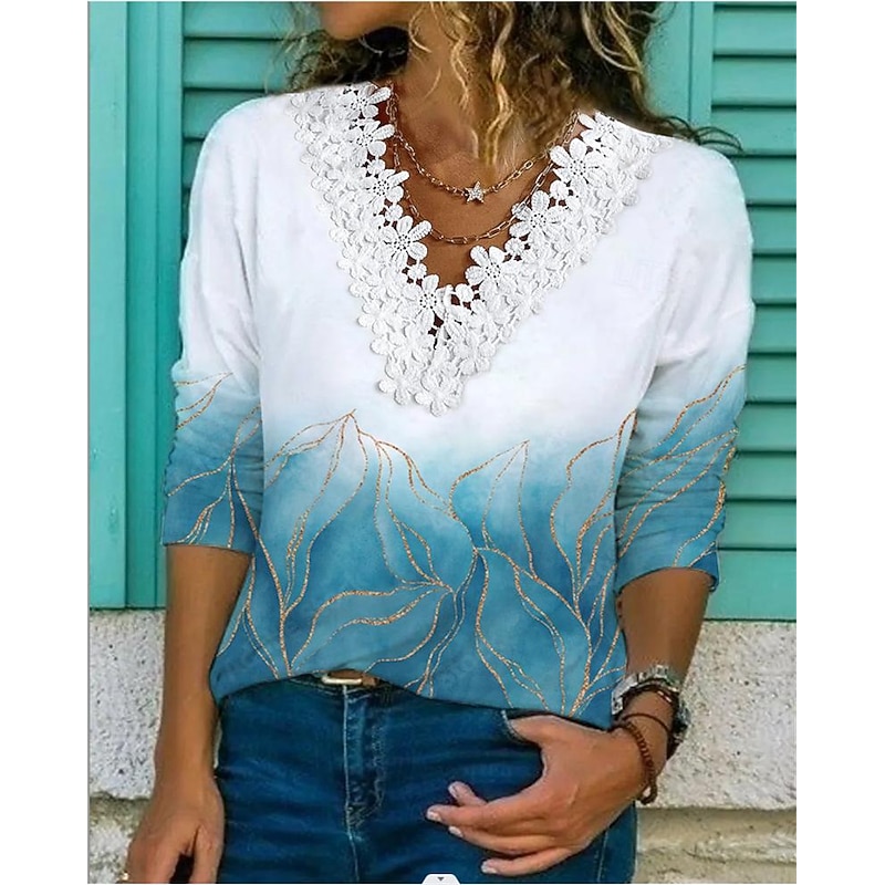 Women's Shirt Lace Shirt Blouse Fashion Floral Lace Print Long Sleeve Regular Tops V Neck Casual Holiday Pink Blue Light Blue Spring &  Fall