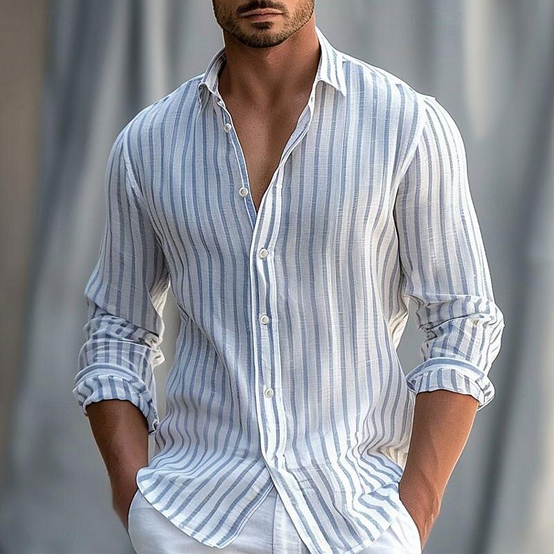 Men's Stripe Geometric Pattern Button Up Shirt Printed Shirts Long Sleeve Business Casual Street Wear to work Daily Wear Spring & Summer Turndown Print Button-Down Blue Green Light Grey Gray