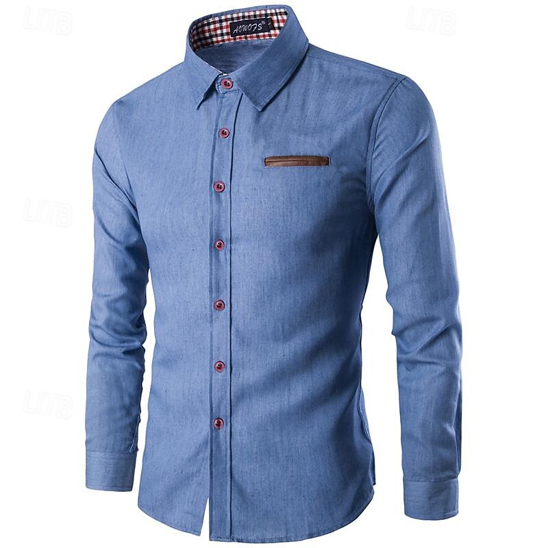 Men's Shirt Linen Shirt Cotton Linen Shirt Summer Shirt Beach Shirt Button Up Shirt Plain Hawaiian Holiday Blue Dark Blue Long Sleeve Lapel Spring &  Fall Clothing Apparel Splice4