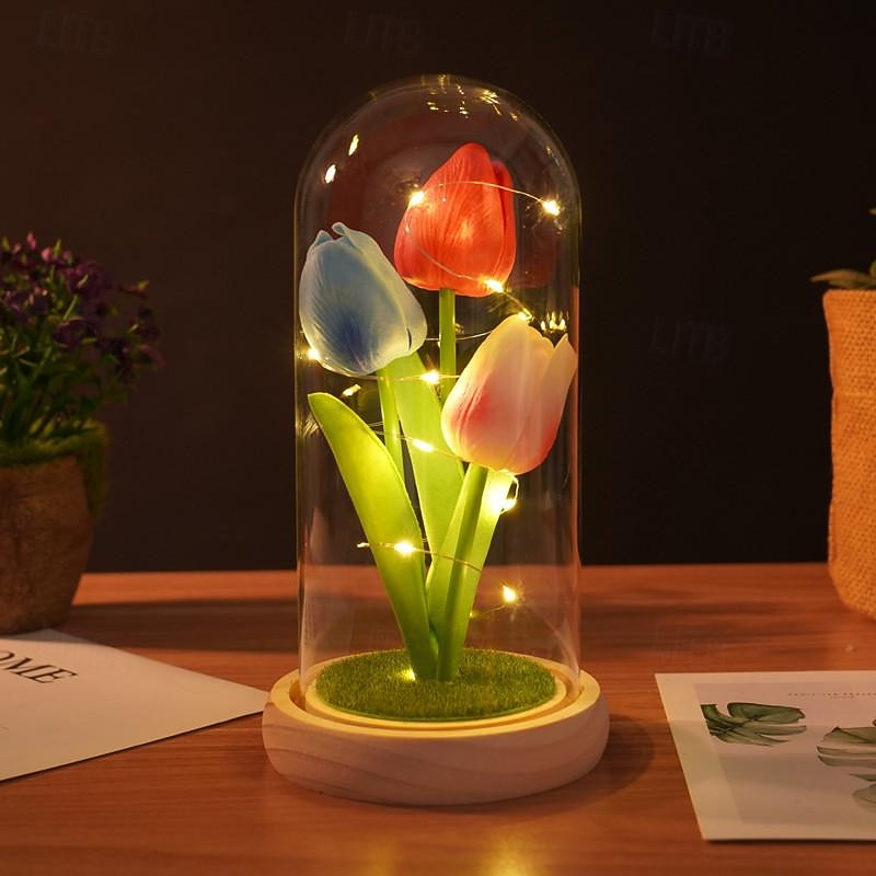 Tulip Glass Cover Creative Night Light for Home Bedroom Decor Mother's Day Valentine's Day Best Gift Battery Power Birthday Gift for Friends3