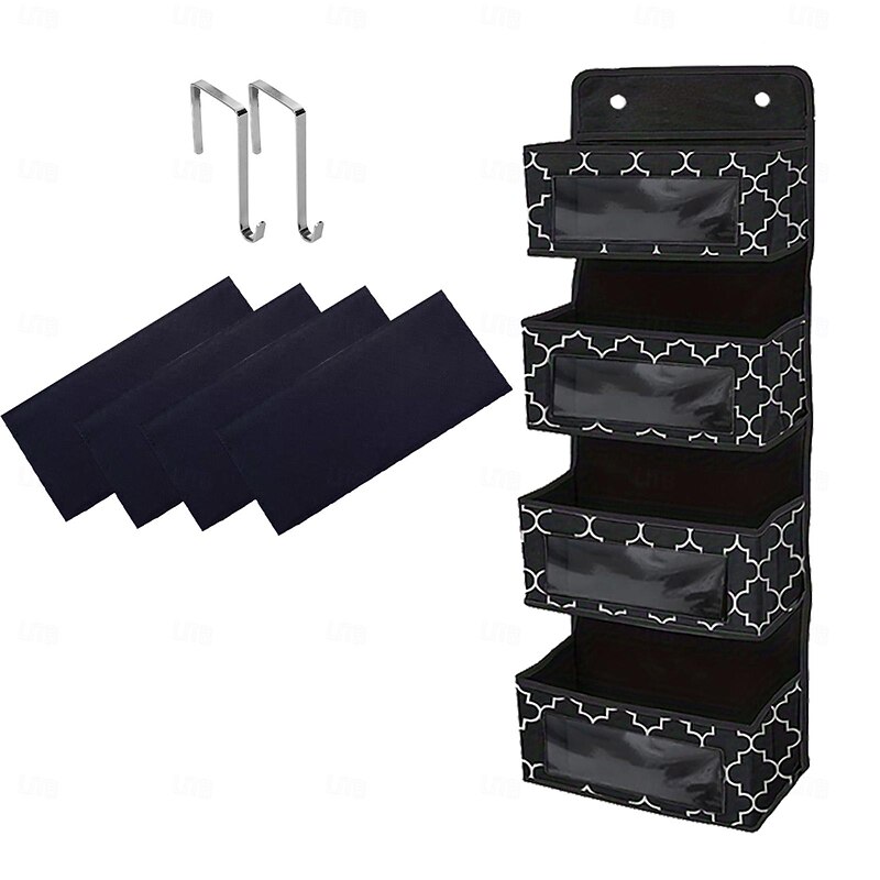Over-the-Door Storage Bag: Featuring Floral and Solid Black Designs with White Borders, Equipped with 2 Hooks for Hanging, 4 Large Capacity Pockets for Filling, Suitable for Closets, Bathrooms, Nurseries, Bedrooms, Dormitories2