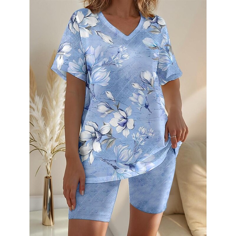 Women's T Shirt 2 Piece Set Floral Print Short Sleeve T-Shirt and Shorts Casual Comfort Pink Textured Homewear Spring Summer Outfit4