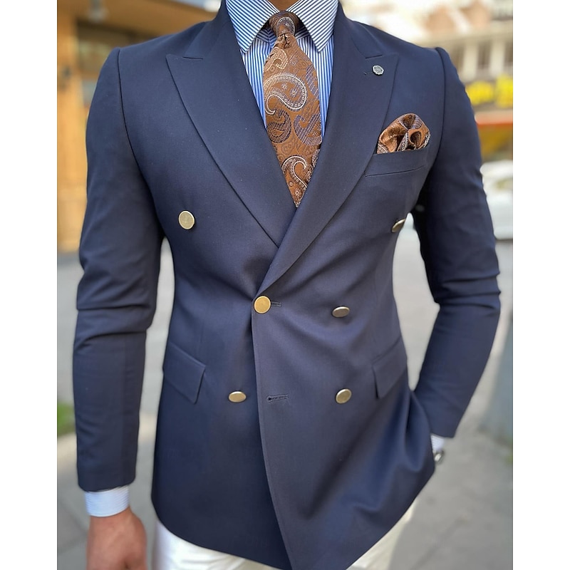 Men's Blazer Jacket Sport Coat Closure collar Casual Office Solid Colored ArmyGreen White Navy Blue Tailored Fit Double Breasted Six-buttons