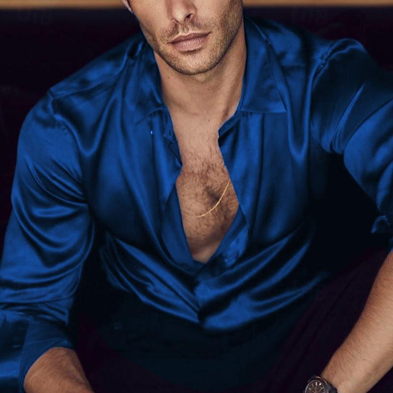 Men's Shirt Satin Shirt Casual Shirt Button Up Shirt Plain Wedding Vacation Light Blue Black White Wine Long Sleeve Turndown Summer Spring &  Fall Clothing Apparel2