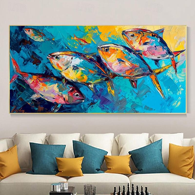 Large Original Fish Hand painted Oil Painting On Canvas Canvas Wall Art Abstract Blue Sea Painting Lively Animal  Wall Decor Home Decor
