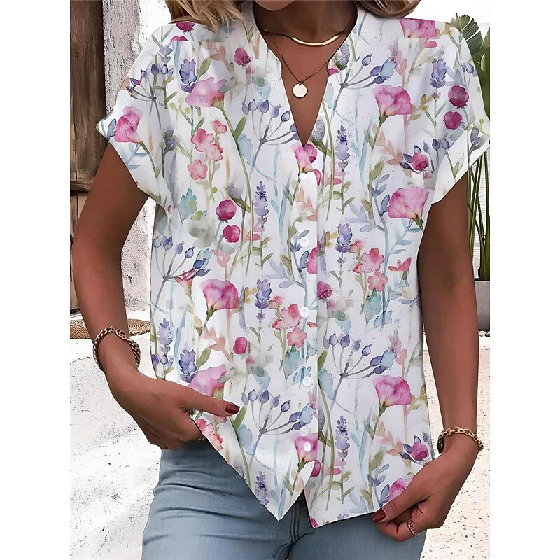 Women's Shirt V Neck Button Down Blouse Fashion Streetwear Floral Buttons Print Short Sleeve Regular Tops Split Neck Casual White Pink Sky Blue Summer2