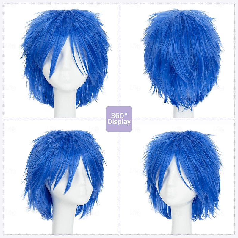 Women Mens Male Short Fluffy Straight Hair Wigs Anime Cosplay Party Costume Dress Synthetic Spiky Wig Dark Blue Halloween Wigs4