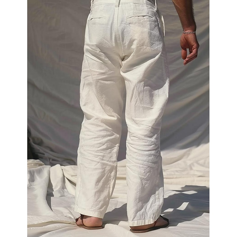 Men's Dress Pants Linen Pants Trousers Summer Pants Buttons Front Pocket Straight Leg Plain Comfort Breathable Casual Daily Holiday Fashion Basic White Beige2