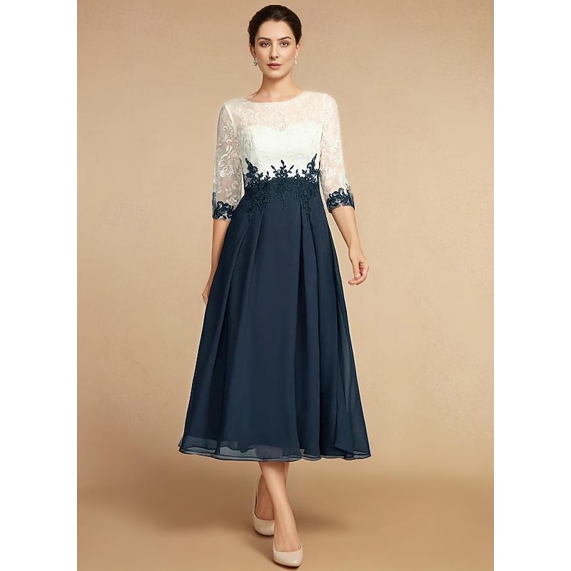 A-Line Mother of the Bride Dress Wedding Guest Elegant Vintage Jewel Neck Tea Length Chiffon Lace Half Sleeve with Lace Appliques Color Block