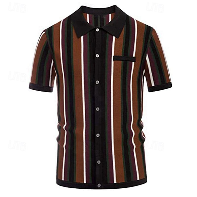 Men's Shirt Summer Shirt Casual Shirt Beach Shirt Button Up Shirt Striped Shirts White Brown Green Short Sleeve Stripe Lapel Vacation Hawaiian Knitted Clothing Apparel Polyester Fashion Casual2