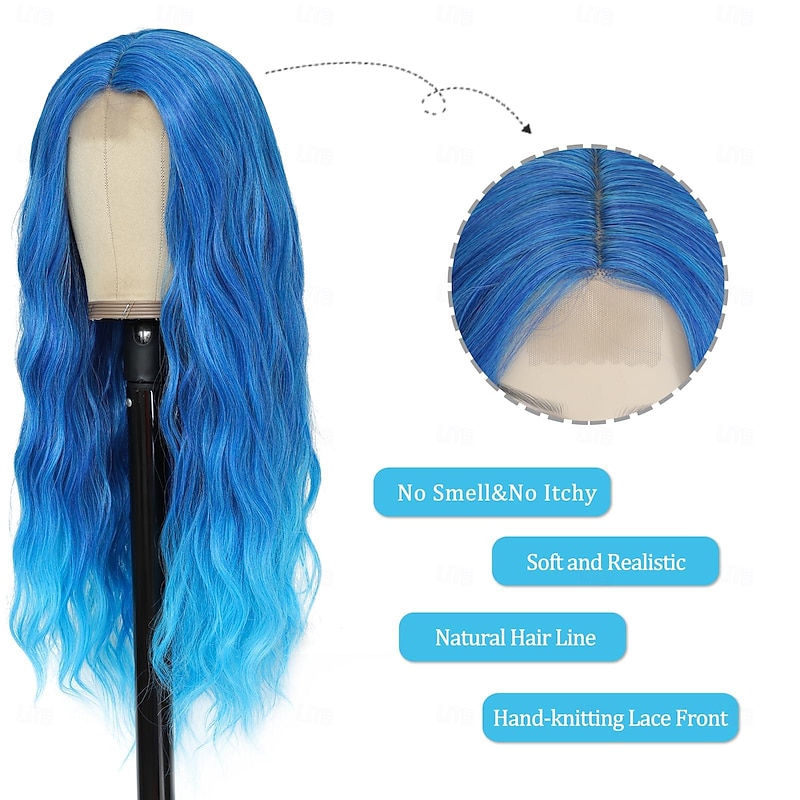 Blue Wig Long Blue Wavy Wigs for Women Middle Part Ombre Blue Wig 26 inch Natural Curly Synthetic Wig Heat Resistant Fiber Wigs for Daily Party Use Halloween Wigs3