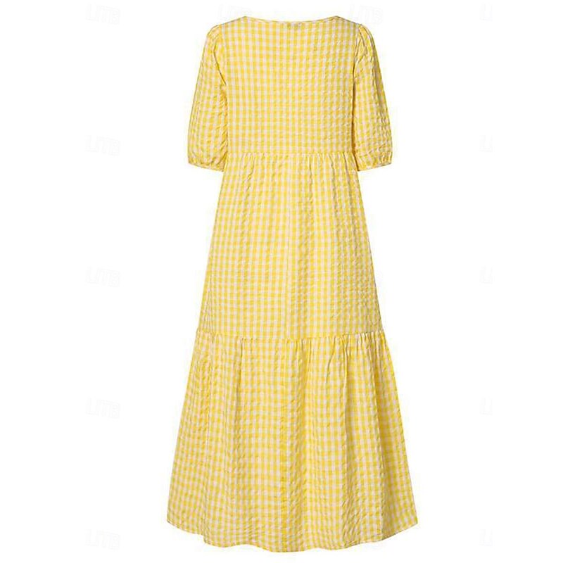 Women's Plaid Dress Casual Dress Plaid Print Crew Neck Midi Dress Vacation Half Sleeve Summer4