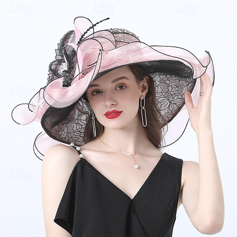 Fascinators Hats Headwear Organza Floppy Hat Straw Hat Sun Hat Holiday Tea Party Beach Horse Race Cocktail Elegant Vintage With Feather Lace Headpiece Headwear2