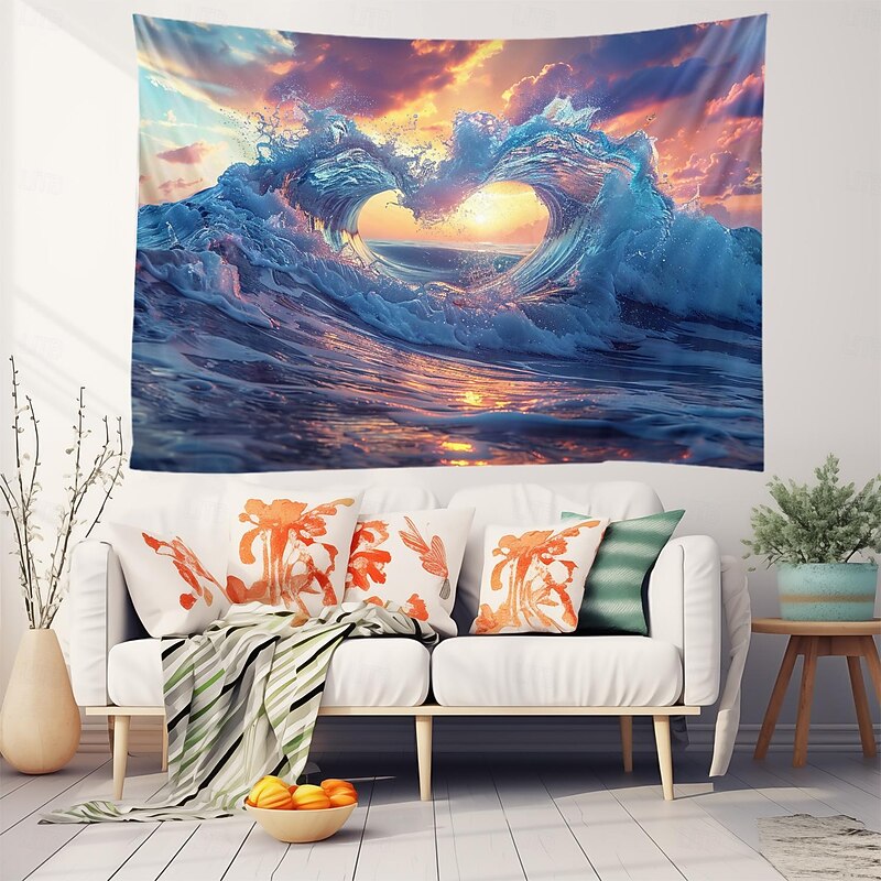 Wedding Decorations Backdrop Photograph Wall Hanging Large Tapestry Art Mural Decor Blanket Curtain Home Bedroom Living Room Decoration Sea Wave Heart3