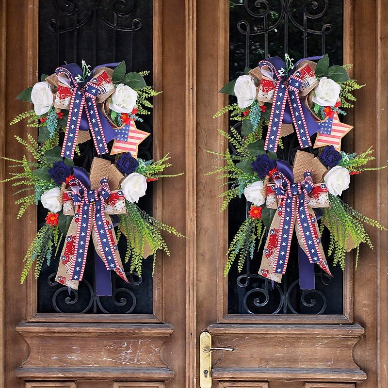 Patriotic 4th of July Wreath for Front Door Independence Day USA Flag Red White Blue Door Outdoor Decoration Rustic Farmhouse Mesh Porch Decoration3