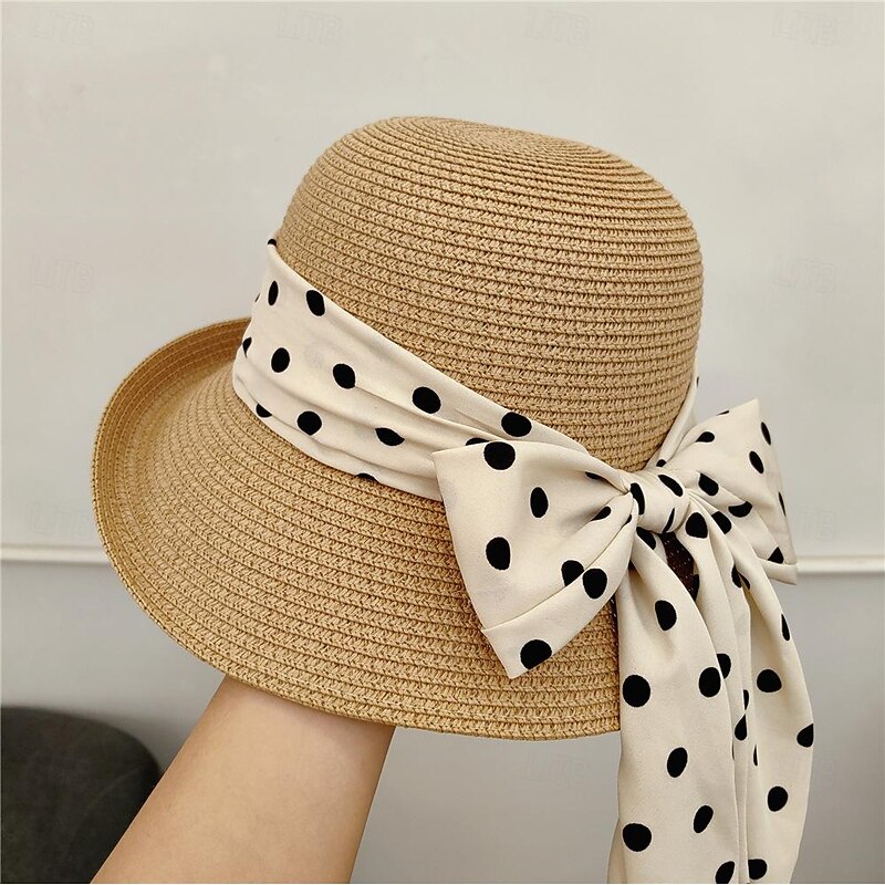 Retro Vintage 1950s Rockabilly Straw Sun Hat Polka dots Fancy Dress Women's Halloween Masquerade Vacation Casual Daily Beach Adults Hat4