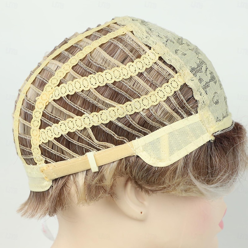 Blonde Short Wig with Bangs Layered Blonde Mix Brown Wigs for White Women Ash Blonde Wig with Dark Roots Short Hair Wigs for Women Synthetic Natural Looking Wig for Daily4