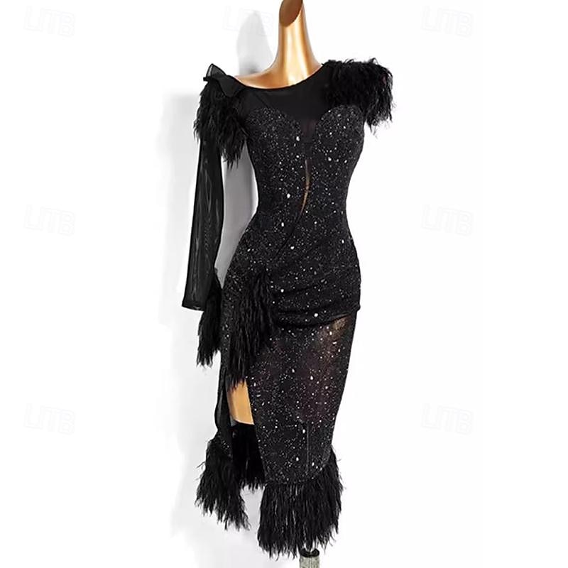 Latin Dance Ballroom Dance Dress Tassel Pure Color Splicing Women's Performance Training Long Sleeve Mesh Stretch Yarn