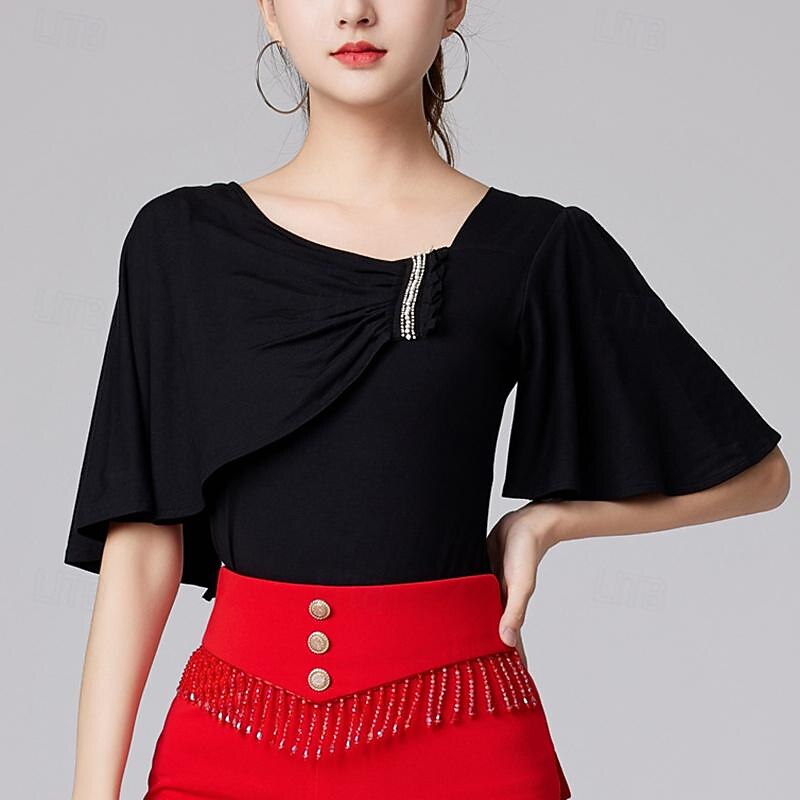 Latin Dance Ballroom Dance Top Ruffles Pure Color Splicing Women's Performance Training Short Sleeve High Modal4