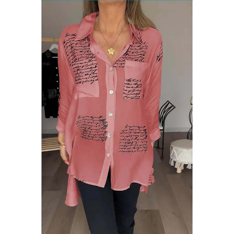 Women's Shirt Blouse Fashion Letter Buttons Pocket Print Long Sleeve Long Tops Shirt Collar Casual Black White Yellow Pink Blue Spring &  Fall4