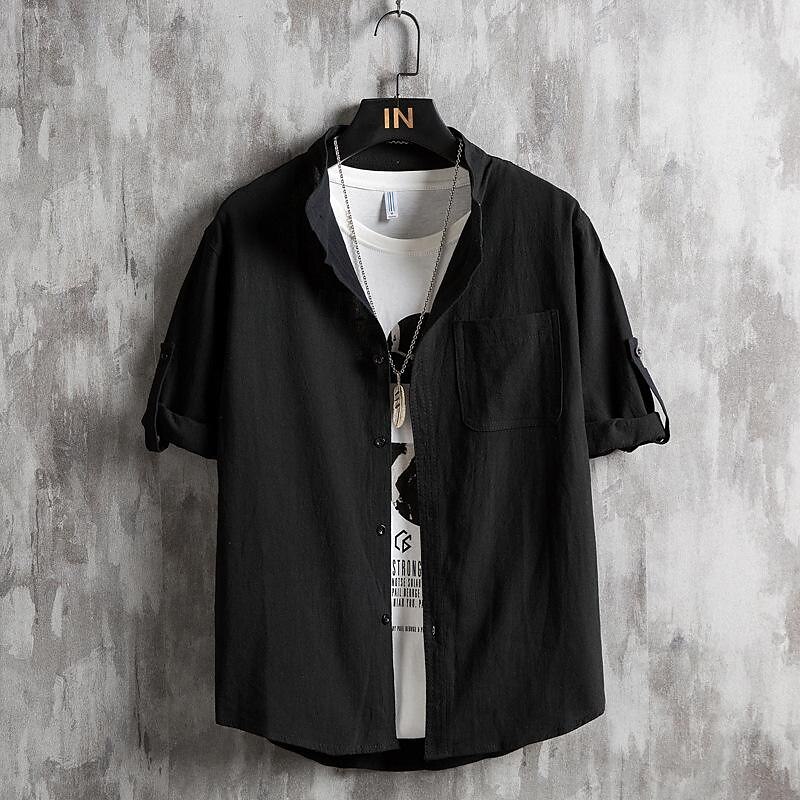 Men's Shirt Chinese Collar Shirt Mandarin Collar Shirt Summer Shirt Casual Shirt Beach Shirt Black White Green 3/4-Length Sleeve Plain Grandad Collar Turndown Vacation Holiday Clothing Apparel3
