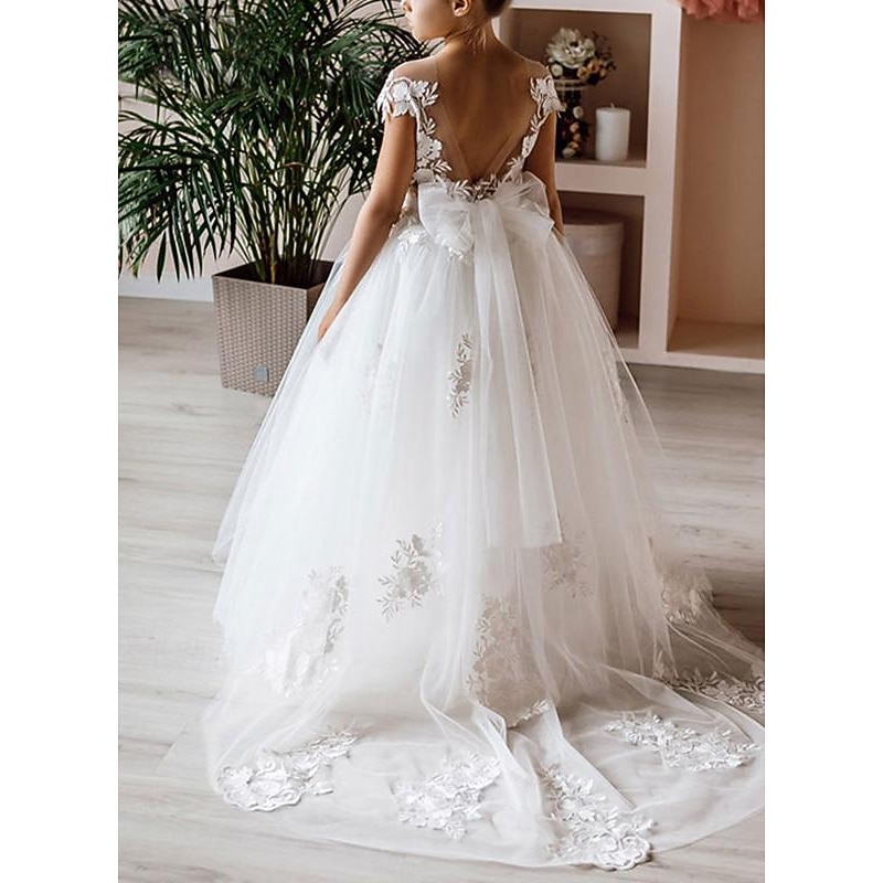 Ball Gown Floor Length Flower Girl Dress First Communion Girls Cute Prom Dress Lace with Sash / Ribbon Boho Tutu Fit 3-16 Years dress to impress