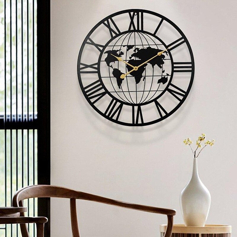 Wall Clock Iron Round Office Clock Creative Map Personality Mute Hanging Watch Nordic Living Room Clock Home Decor 60 cm4