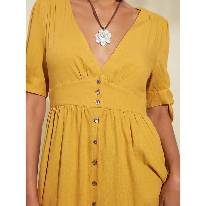 Women's Linen Blend Yellow Bow Detail Midi Tea Dress3