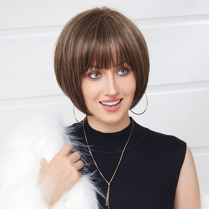 Human Hair Blend Wig Short Natural Straight Pixie Cut Side Part Layered Haircut Asymmetrical Brown Cosplay Curler & straightener Natural Hairline Capless Brazilian Hair Women's All Brown 10 inch4