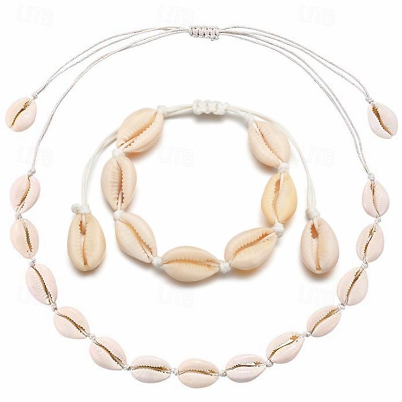 Natural Shell Necklace Bracelet Anklet Set Handmade Adjustable Summer Boho Hawaii Beach Seashell Choker Jewelry Gift for Women Girls4