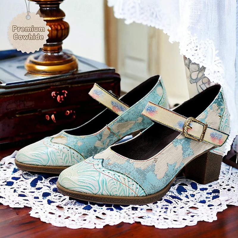 Women's Heels Pumps Handmade Shoes Vintage Gatsby Shoes Wedding Party Color Block Cone Heel Round Toe Elegant Vintage Gatsby Leather Buckle Light Blue2