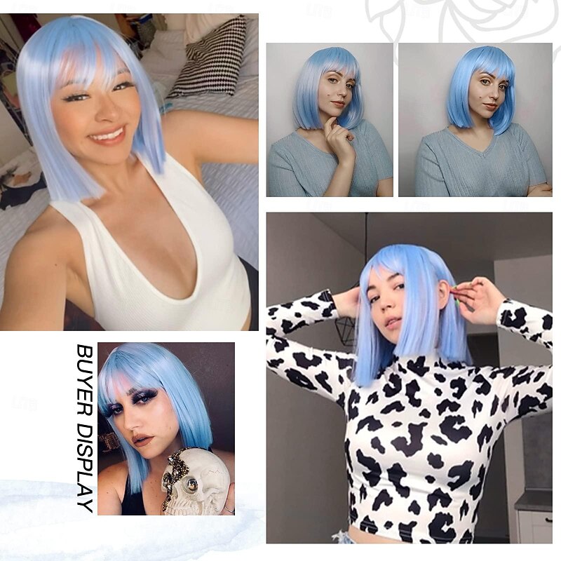 Blue Bob Wigs for Women Short Hair Wig with Bangs Straight Bob Wigs with Middle Part Soft Synthetic Full Wigs for Daily Party Use 14 Inches Halloween Wigs3