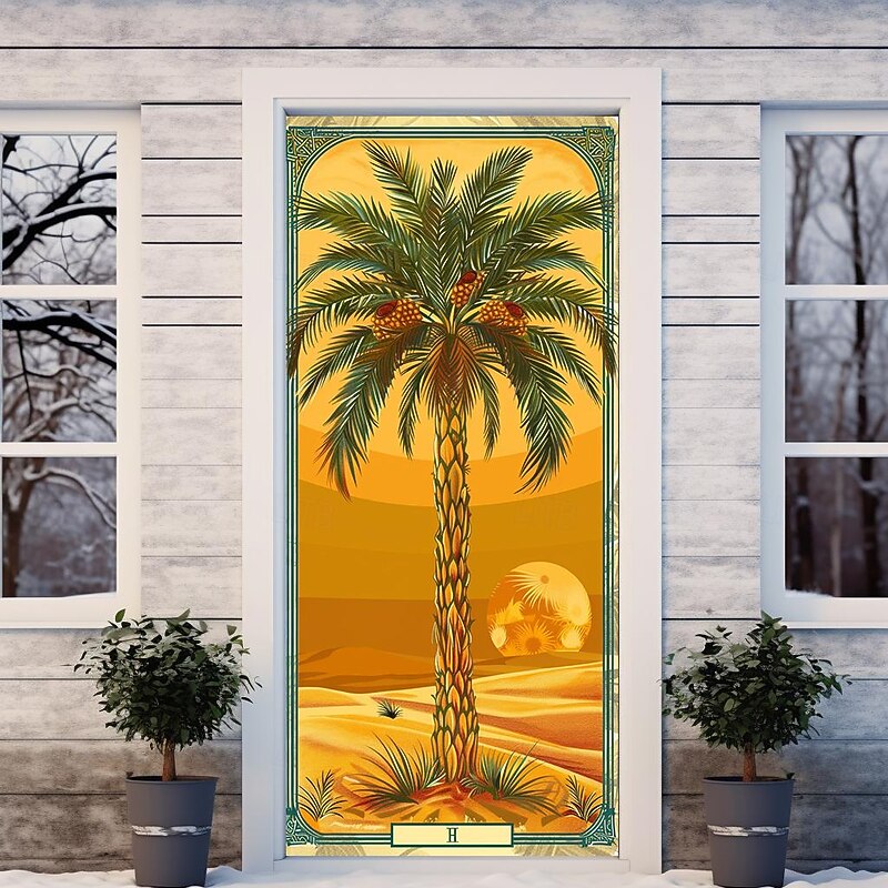 Coconut Tree Door Covers Door Tapestry Door Curtain Decoration Backdrop Door Banner for Front Door Farmhouse Holiday Party Decor Supplies4