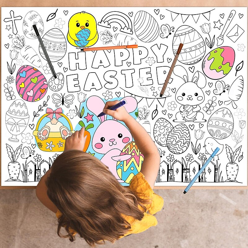Easter Coloring Tablecloth, Coloring Table Runner with 12 Paintbrushes Easter Bunny Activities Easter Bunny Poster Easter Bunny Banner for Easter Party Favors School Class Family2