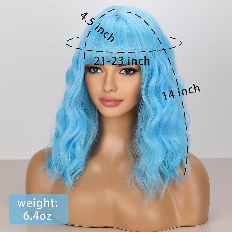 Short Blue Wavy Bob Wigs with Bangs for Women Loose Light Blue Wig Synthetic Shoulder Length Cosplay Wig for Girl Colorful Costume Wigs Halloween Wigs3