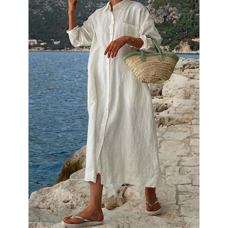 Women's Midi Dress White Dress Cotton Linen Dresses Shirt Dress Casual Dress Basic Modern Daily Weekend Loose Fit Plain 3/4 Length Sleeve Shirt Collar Black White Pink Navy Blue Summer Spring