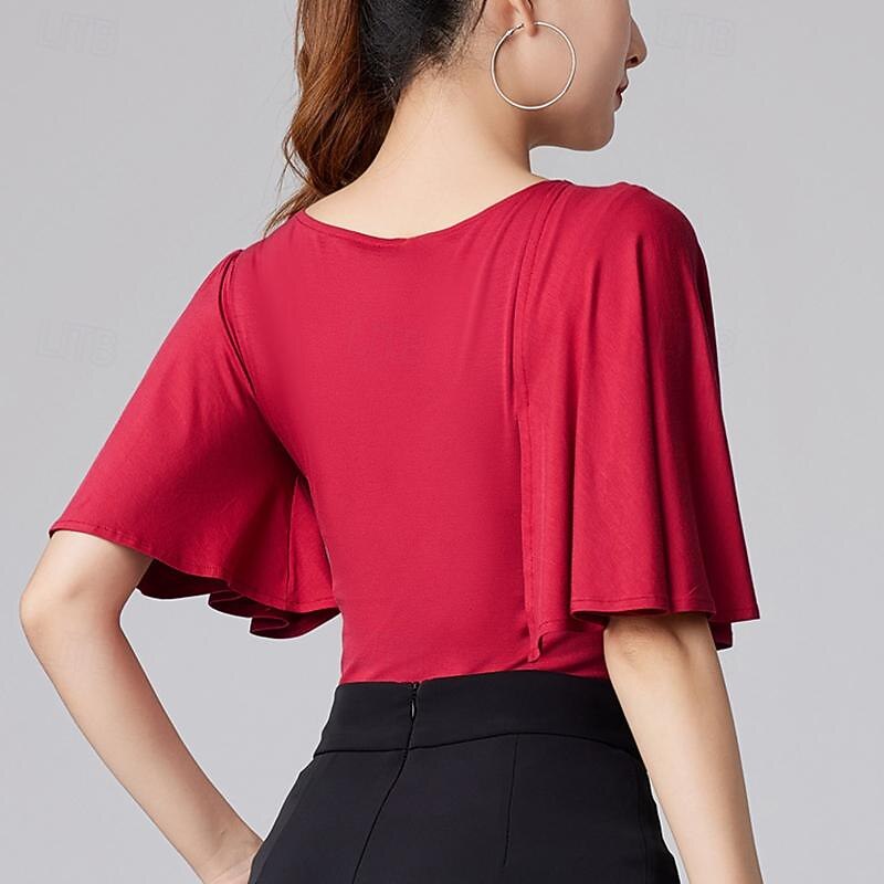 Latin Dance Ballroom Dance Top Ruffles Pure Color Splicing Women's Performance Training Short Sleeve High Modal3