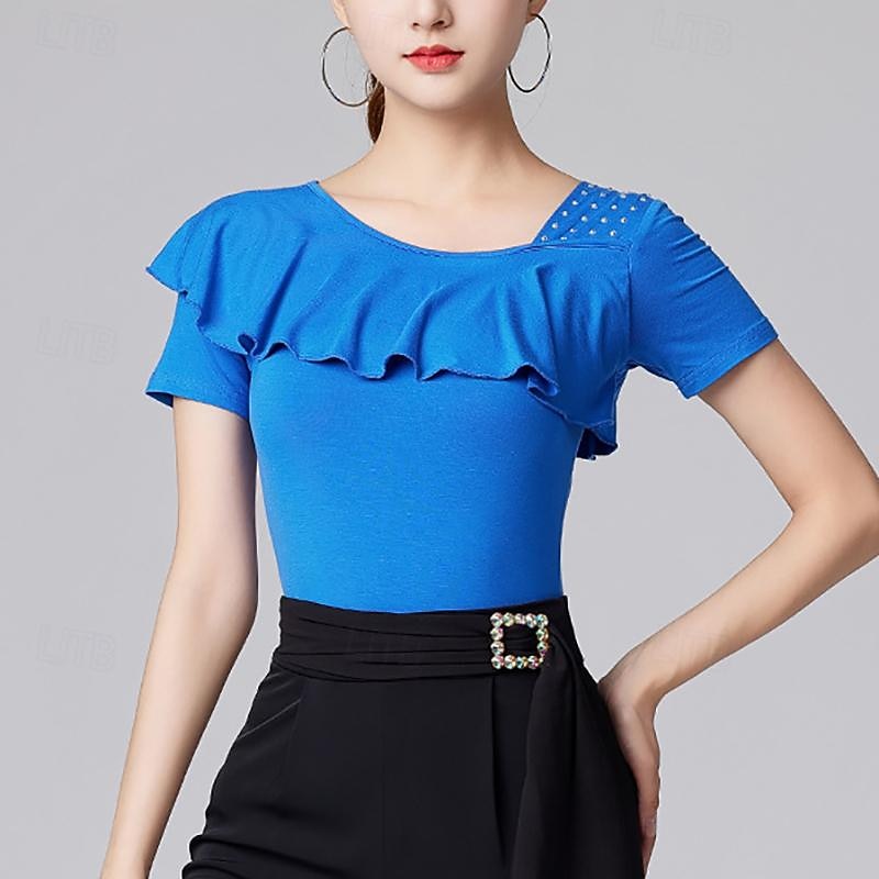 Latin Dance Ballroom Dance Top Pure Color Splicing Crystals / Rhinestones Women's Performance Training Short Sleeve High Modal3