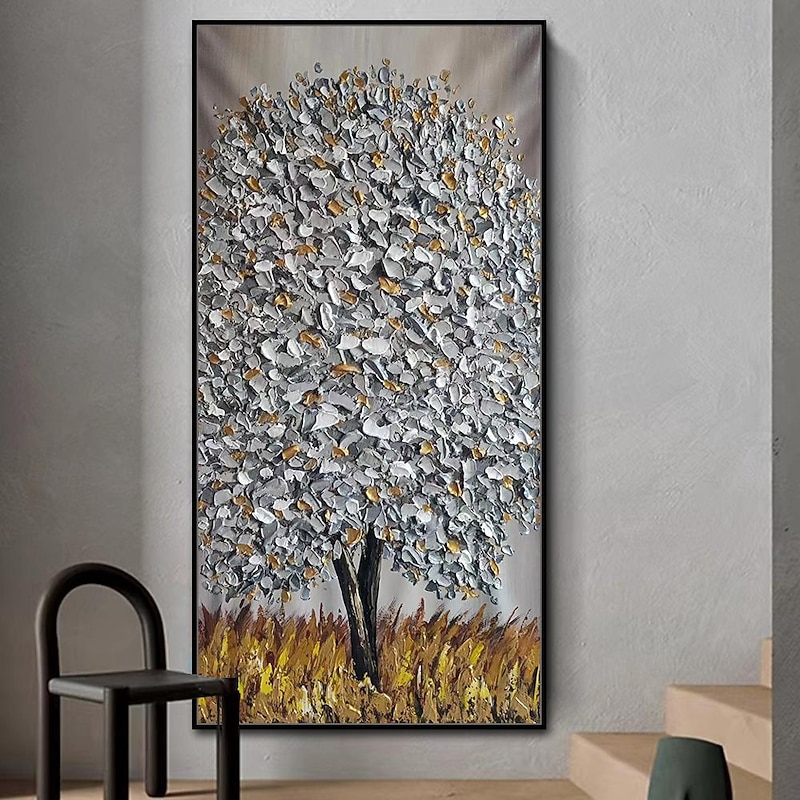 Mintura Handmade Silver Tree Landscape Oil Paintings On Canvas Wall Art Decoration Modern Abstract Gold Tree Pictures For Home Decor Rolled Frameless Unstretched Painting2