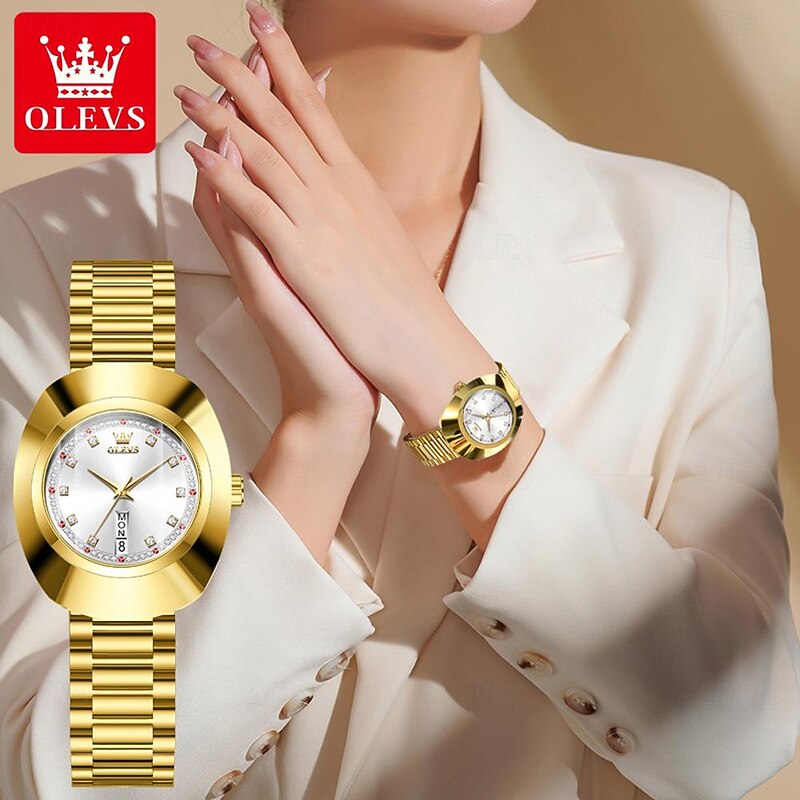 OLEVS Women's Watches Luxury Gold Large Dial Original Wristwatch for Girl Waterproof Luminous Fashionable Diamond Dial Date Week 7017